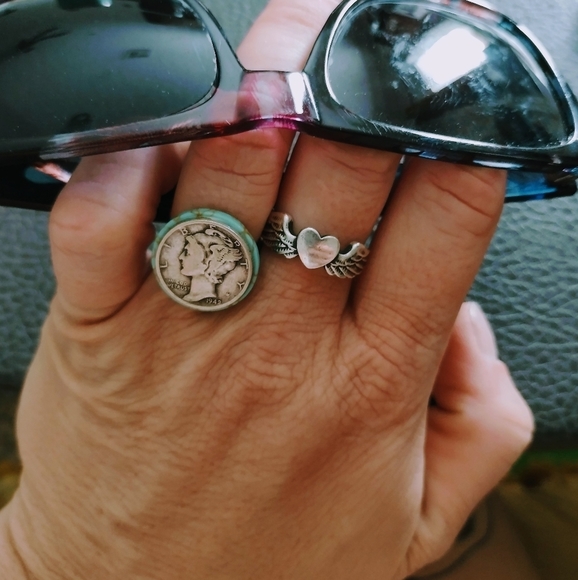 Sale! VINTAGE Handmade Turquoise Silver Mercury Dime Adjustable Ring - Picture 2 of 6